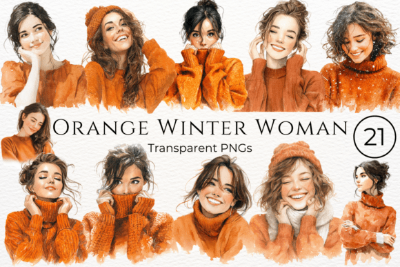 Download Orange Winter Woman Watercolor Clipart - Winter Collection